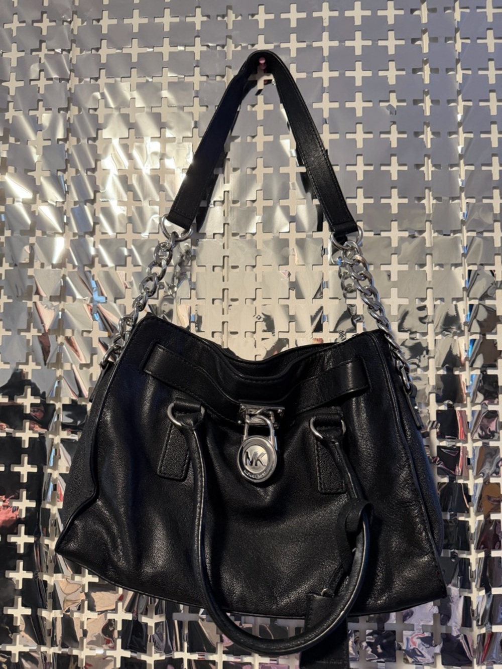 Michael Kors Black Leather Signature Tote with Silver Chain & MK Lock